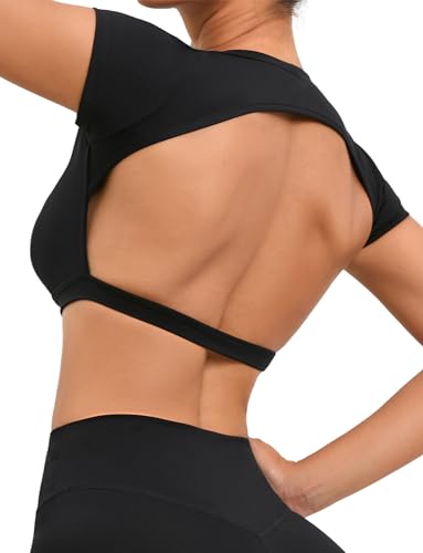 SEAUR Women's Open Back Workout Crop Tops Backless Yoga Shirts Gym Short Sleeve Compression Tee Sexy Going Out Top
