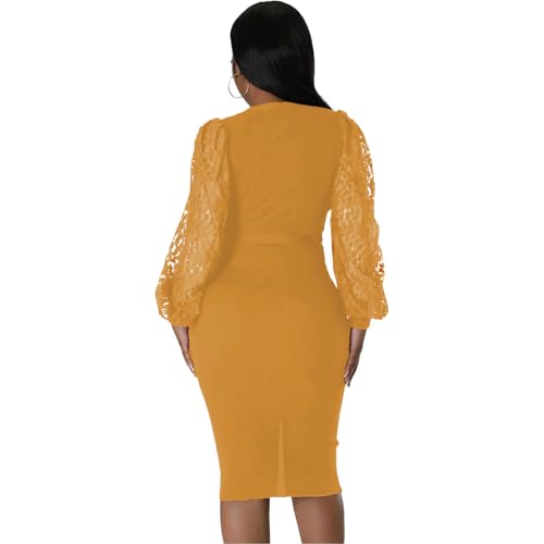 Image of BOGURST Semi Formal Church Dresses for Women Bishop Sleeve Sexy V Neck Bodycon Midi Dresses