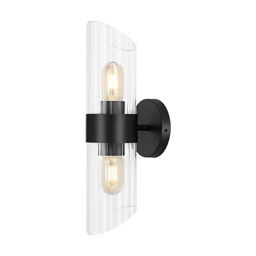 Image of SAFAVIEH Lighting Collection Eytan Clear Glass /Black Vertical Wall Sconce Set of 2 Light Fixture, Ideal for Bathroom, Entryway, Vanity, Foyer, Hallway, Living Room (LED Bulbs Included)