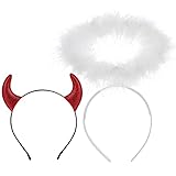 U-Zomir Angel Halo & Devil Horns Headband Set-White/Black Feather Angel and Red Glittering Devil...