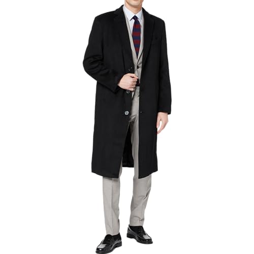 Image of Mens Black Wool Winter Overcoat - Cashmere Blend Long Topcoat Jacket, Classic 3-Button Dress Coat