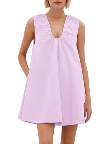 Image of MISSACTIVER Women's Sleeveless Babydoll Tank Mini Dress Scoop Neck Ruched Short Dress with Side Pockets Summer Party Dresses