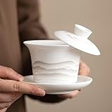 LEEDJUINE Mutton-fat Jade Ceramics Scenery Gaiwan, 200 ml, juego de té de porcelana blanca