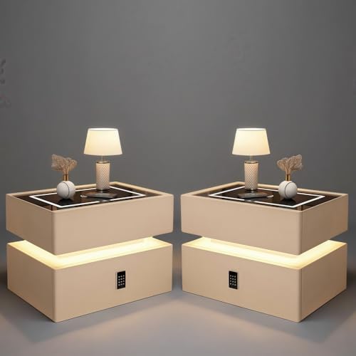 Table de nuit intelligente avec verrouillage par mot de passe, table de chevet en bois massif avec haut-parleurs et fonction de charge, table d'appoint moderne...