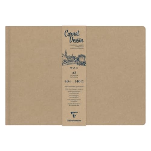 Lot de 2 Carnet Dessin cousu de 40 feuilles de papier mixte blanc, 140 g/m², A3, couverture kraft