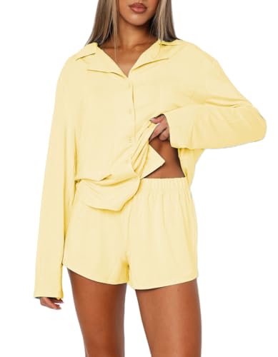 Giraropa Button Down Pajamas Women 2 Piece Lounge Set Shirt and Shorts Long Sleeve Pjs Sleepwear Loungewear