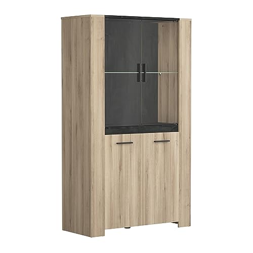 Vaisselier Vitrine Industriel En Bois 2 Portes Vitrées & 2 Portes – Coloris Chêne et Gris Foncé Martelé - 99,8x43,3x73,8 cm