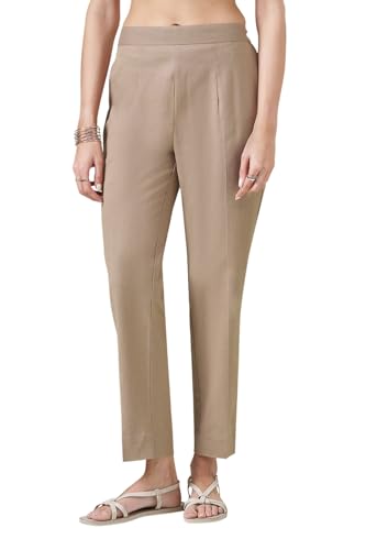 Image of Rangmanch by Pantaloons Women's Cotton Linen Bottoms | Slim Tapered Fit | Mid Rise Waist | Ankle Length