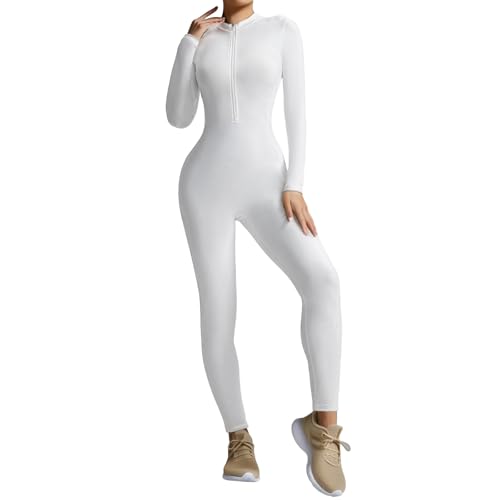 Enterizo para mujer blanco de manga larga con cremallera frontal
