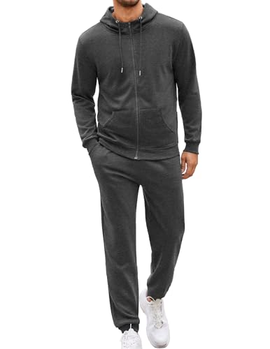 COOFANDY Conjuntos de trajes de deporte de manga larga con cremallera con cordón casual chaqueta de sudor para hombres gris oscuro, pequeño