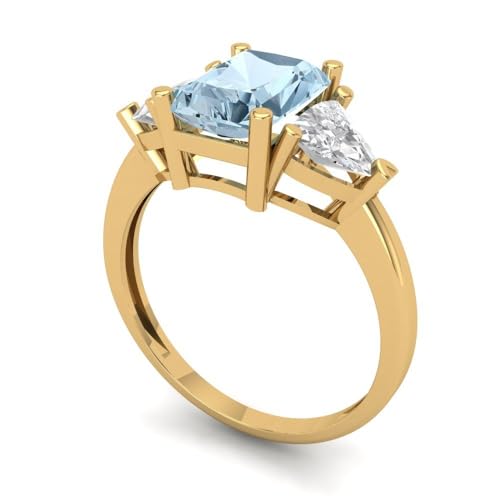 2.82ct Emerald Cut Natural Aquamarine 18K Yellow Gold Three-Stone Wedding Engagement Bridal Promise Ring2