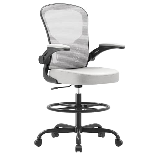 Image of Ergonomic Drafting Chair, Tall Office Chair with Flip-up Armrests, Breathable Mesh High Desk Chair with Lumbar Support Adjustable Footrest Ring for Standing Desk Gray