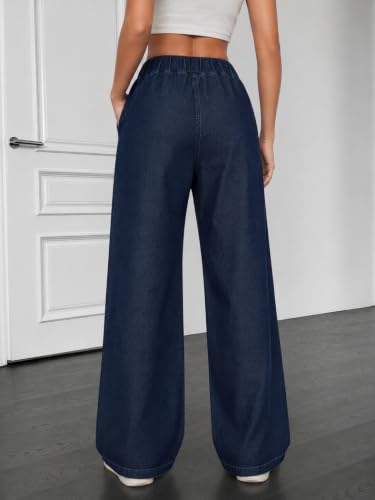 Image of LIRIT Womens Solid Color Wide Leg Trouser Pant with Drawstring Elastic Waist, Relaxed Fit, Full Length, Casual Lounge Palazzo Bottom