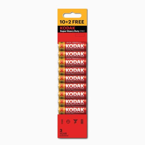 KODAK Super Heavy Duty 12-Pack AA Batteries Double A Battery Pack Carbon Zinc 1.5V 3-Year Shelf Life Disposable Household Batteries for Low-Drain Devices R6P Blister Packed (10+2 Count)