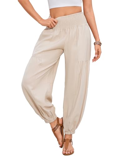 Yesfashion Women's Smocked Waist Harem Pants High Waist Loose Casual Lounge Trousers with Pockets Khaki