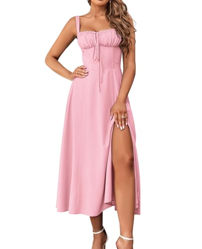 GLNEGE Women's Summer Corset Midi Dress Casual Lace Up Flowy Milkmaid Dresses A-Line Boho Sundress