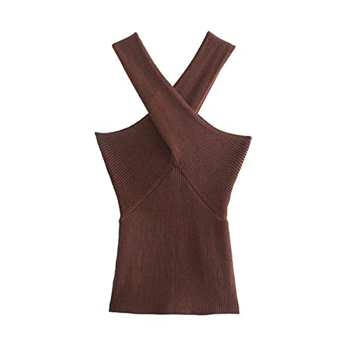 Womens Tank Tops Women Strappy Cross Over Front Cut Out Halter Bandage Vest Knitted Tops Summer(Brown,Small)