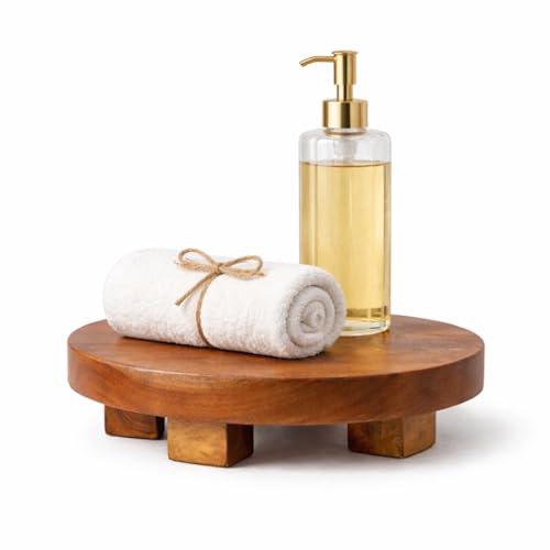 JOLLYMER Teak Handmade Display Riser for Bathroom Counter Decor, Round