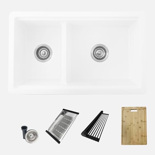 Image of Stylish 30 x 18 Inch Composite Granite Workstation Kitchen Sink, 60 /40 Double Bowl Under Mount & Drop in, 9.5 in Deep, Reversible, with Cutting Board, Colander, Colander & Strainer, White, S-831WH