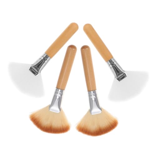 FRCOLOR Women's Makeup Brush Set 4pcs Fan Shaped Blush Brush Long Handle Natural Wood Easy to Clean