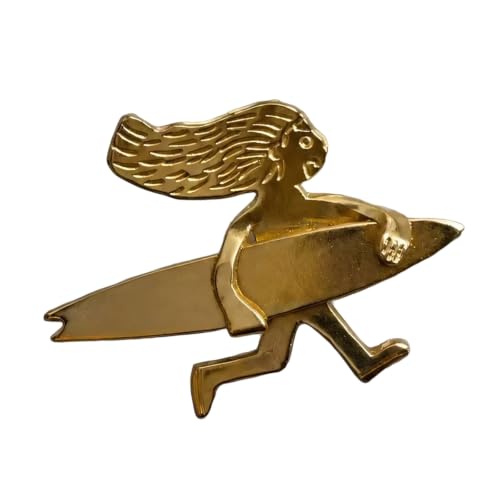 Broche temático de aleación en tono dorado con detalle de chica de surf y tabla de surf, joyería de solapa de 1.57 pulgadas para looks diarios, vestidos de fiesta y viajes, broche de surfista retro