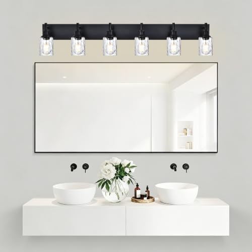 Image of 6 Lights Black Bathroom Lighting Fixtures with Clear Fluted Glass | Modern Farmhouse Vanity Light Bathroom Wall Sconces Over Mirror, E26 Socket, for Bedroom, Living Room, Hallway, Kitchen