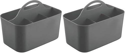 mDesign Small Plastic Shower/Bath Storage Organizer Caddy Tote with Handle for Dorm, Shelf, Cabinet - Hold Soap, Shampoo, Conditioner, Combs, Brushes, Lumiere Collection, Dark Gray (Pack of 2)