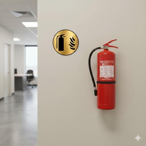 Image of Premium Brush Gold Finish Acrylic FIRE Extinguisher Sign Easy Mount Self-Adhesive Tape 5.8 Inch Signage Office Corporate Hospital Business Society Resort Hotels Clubhouse Clinic