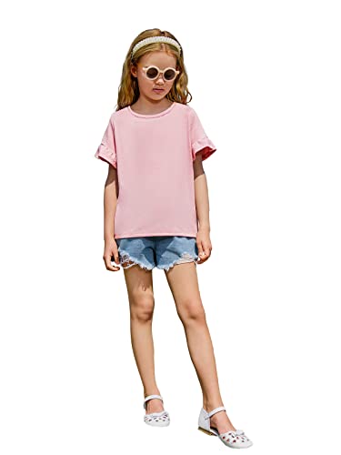 Kingdenergy Girls Summer Cute T Shirt Short Ruffle Sleeve Basic Soft Casual Plain Tunic Tops Tees Z-Pink #TOP2