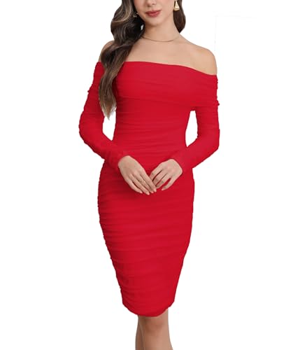 Image of Fooullaide Women's Sexy Off Shoulder Sleeveless Bodycon Ruched Midi Dress