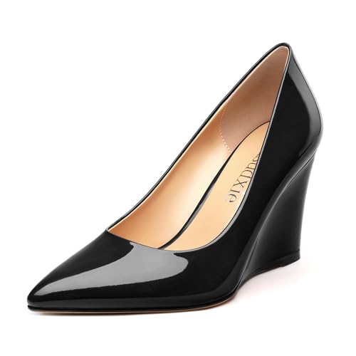 Women's Wedges Heels Pumps, Patent Solid Pointed Toe Wedge Pumps Slip On Wedge Heels for Dress Working Evening 3.35 Inch
