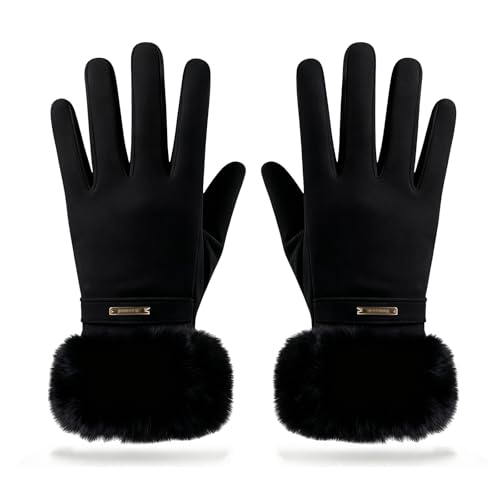 KASESSS Winter Gloves For Women With Faux Fur Cuff, Thermal Ladies Touch Screen Gloves Women Compatible Flip-Top Index Finger For Texting, Driving, Daily Activities, Warm Soft Fleece Lining