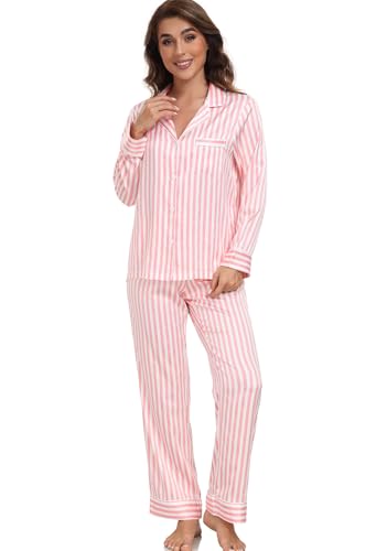 Image of Serenedelicacy Women's Satin Pajama Set Long Sleeve Button Down Sleepwear 2-Piece Silky Pj Set