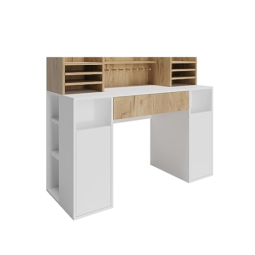 Vicco Schreibtisch, Weiß/Sonoma, 126.8 x 50 cm XL mit Regale, geeignet als Arbeitsplatz mit Kabeldurchlass und Ablagefläche