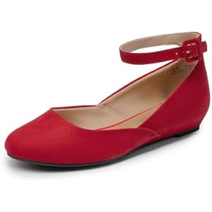 DREAM PAIRS Women's Dress Flats Ballet Low Wedge Round Toe Ankle Strap Comfortable Casual Flats Shoes 11 Red Suede