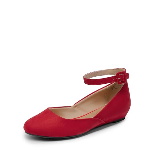 DREAM PAIRS Women's Dress Flats Ballet Low Wedge Round Toe Ankle Strap Comfortable Casual Flats Shoes,Size 9,Red/Suede,REVONA