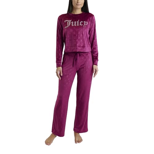 Juicy Couture Women's 2 Piece Velvet Fleece Long Sleeve Pullover Top and Pants Lounge Sleepwear Set (US, Alpha, X-Large, Regular, Regular, Berry JC Logos)