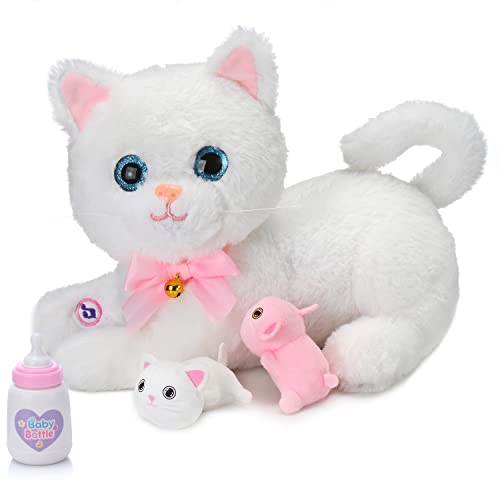 Cologamo Electronic Mommy Cat Stuffed Animal Stuffed Cat with 2 Baby Kittens Soft Cat Plush Toy Playset for Kids Plush Pillow Gift for Birthday Christmas (White)