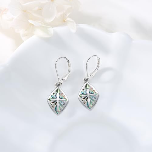 Cross Earrings for Women Sterling Silver Abalone Shell Cross Dangle Earrings Lever Back Drop Earrings Religious Jewelry Gifts2