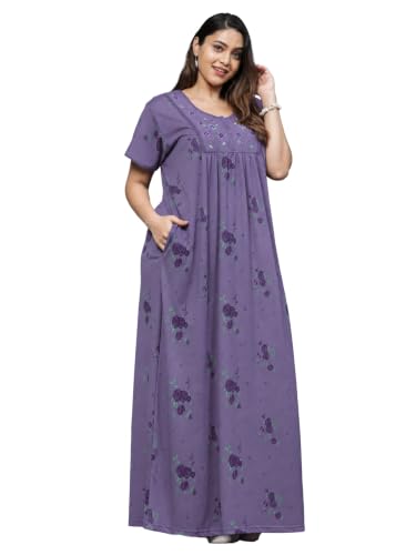 Image of 9shines Label Stylish Cotton Blend Embroidered Maxi Nightdress for Women with Pocket| Full Length Nightwear| Premium Nightdress| Comfortable Nightwear(5256)