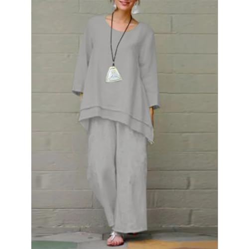 Womens 2 Piece Cotton Linen Pants Suits Crewneck Loose Long Sleeve Tops Plus Size Wide Leg Linen Pants Set2