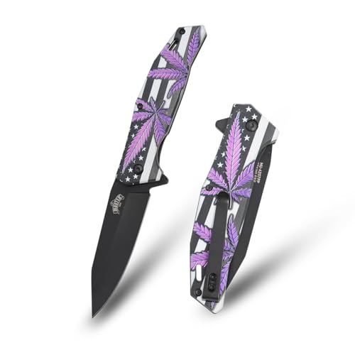 MASTER USA Folding Pocket Knife, 8-inch Overall Length, American Flag Design, Black Blade, Floral Leaf Design Handle, EDC (Purple)