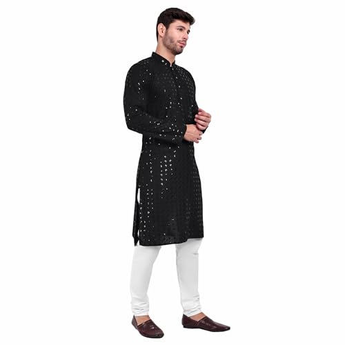 Image of Rayon Ethnic Wear Full Chikankari Sequin Embroidery Mirror Work Traditional Straight Kurta Pyjama Set for Men