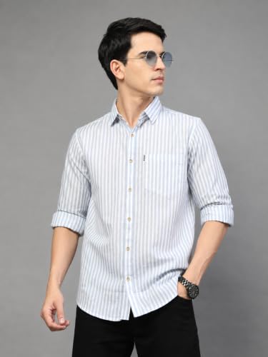 Image of Majestic Man Men's Cotton Linen Striped Full Sleeve Slim Fit Shirt for Men