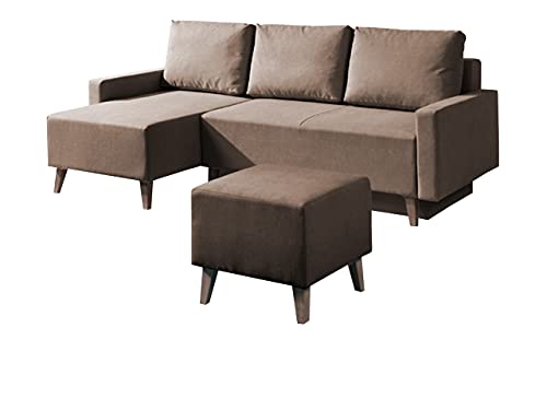 Polstergarnitur Oviedo I Ecksofa mit Bettkasten und Schlaffunktion, Hocker, Sitzhocker, Fußbank, Eckcouch, Polstermöbel im skandinavischen Stil (Moric 03, Füße: San Remo Eiche Dunkel)
