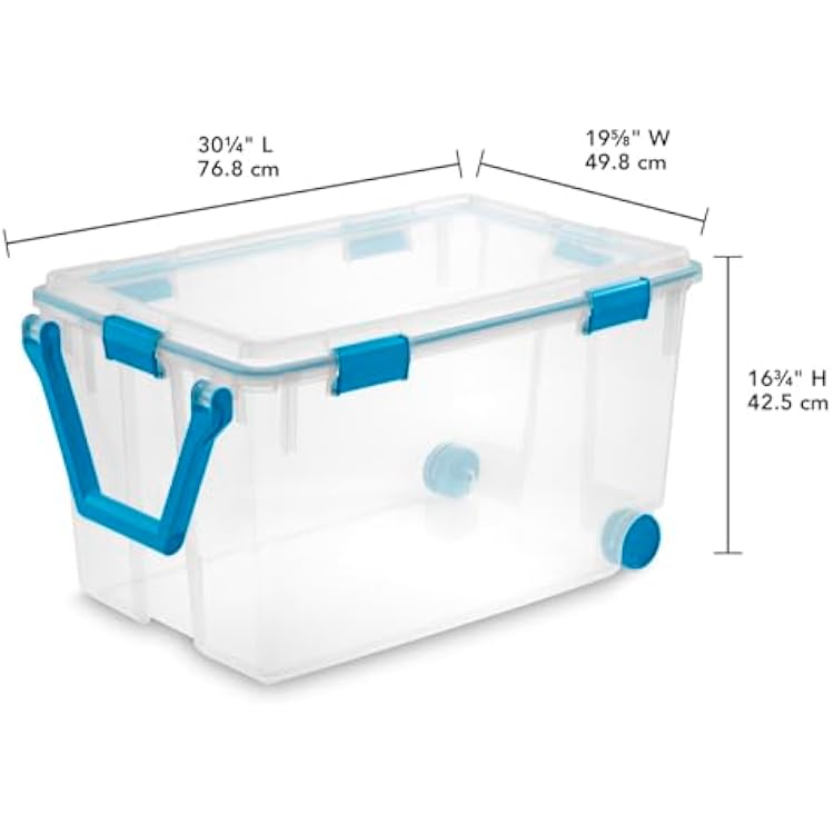 Sterilite 120 Qt Wheeled Gasket Box, Stackable Storage Bin with Latching Lid, Handle and Tight Seal, Plastic Container with Clear Base and Lid, 3-Pack