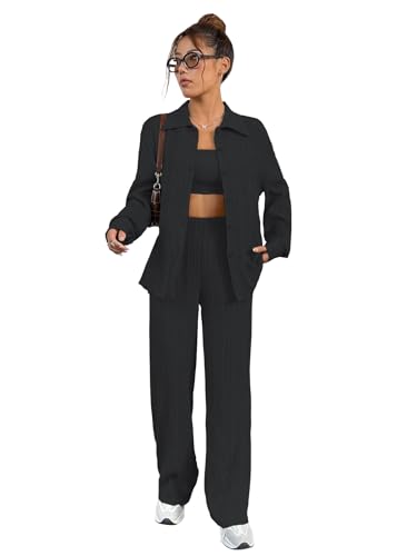 Image of Shasmi Women's 3-Piece Co-ord Set - Solid Button Front Shirt, Strapless Tube Top & Wide Leg Pants | Casual Loose Fit Western Outfit for Daily Spring /Fall Wear (Co-Ord-208)