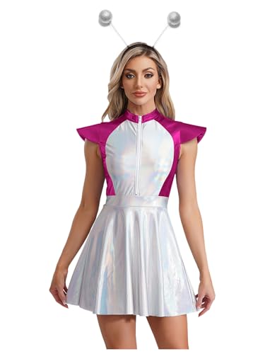 inlzdz Disfraz De Alienígena Para Mujer Vestido Metálico De Fiesta Sin Mangas Con Aro De Pelo Disfraz Del Espacio Exterior Rosa caliente XL