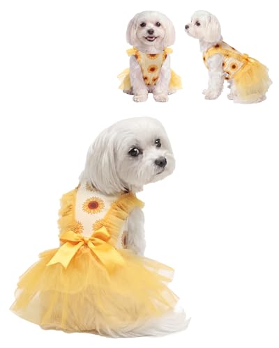 Image of CuteBone Sunflower Tutu Pet Dress for Small Dogs, Cats - Double-Layer Yellow Tulle Skirt - Back Satin Bow - Summer Party, Photo Shoot Dress