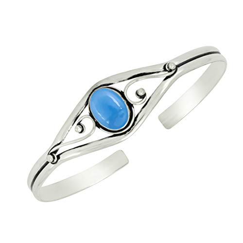 925 Silver Plated Natural Chalcedony Cuff Bangle Bracelet for Women – Handmade Open Bangle – Blue Gemstone Statement Jewelry – Valentine's Day Gift for Her